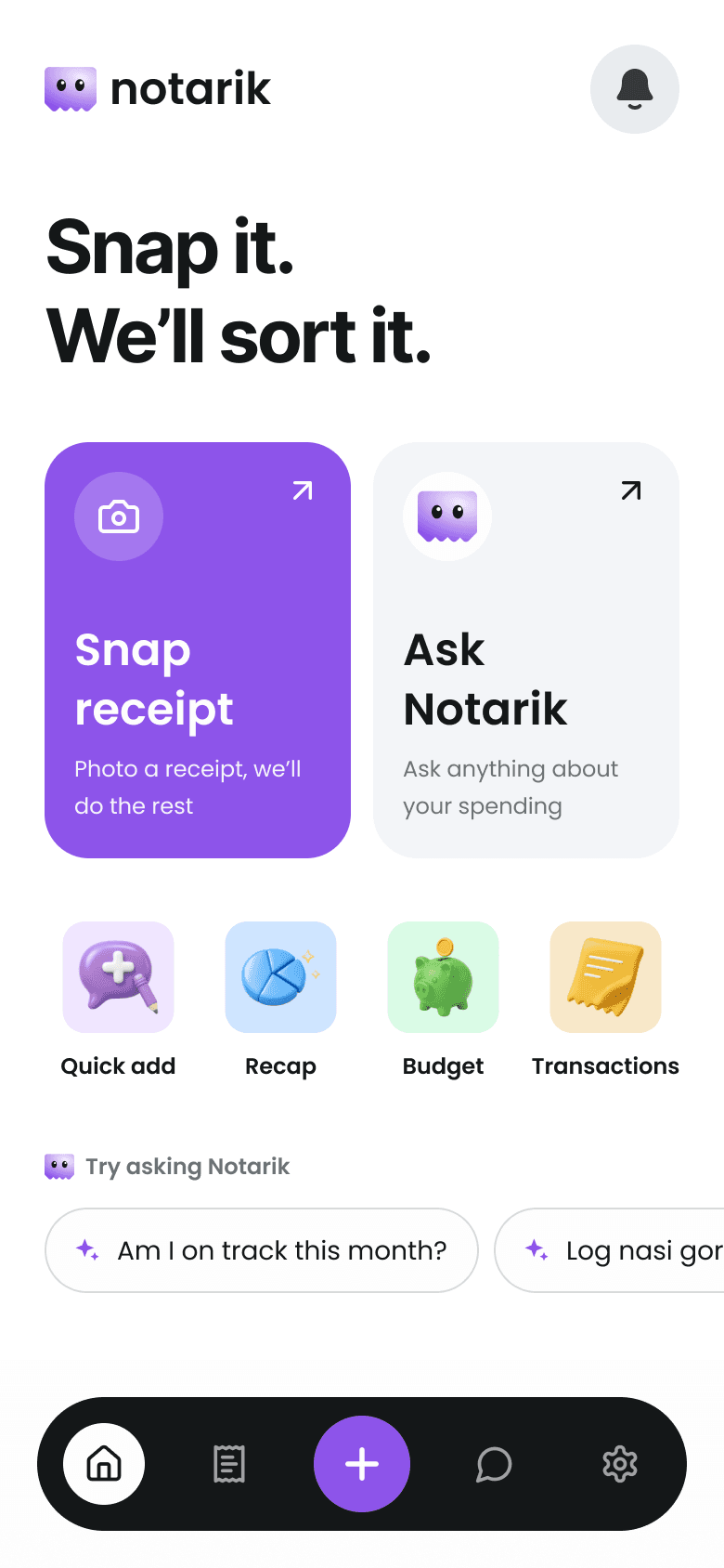 The Notarik app home screen with Snap receipt, Ask Notarik and quick links